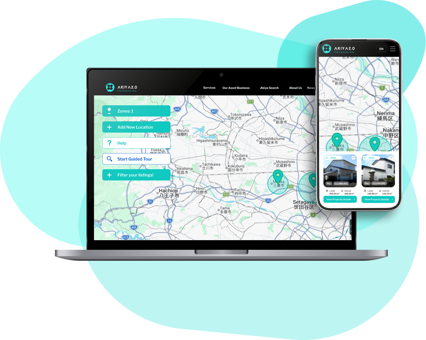 AKIYA2.0 app shown on two phones